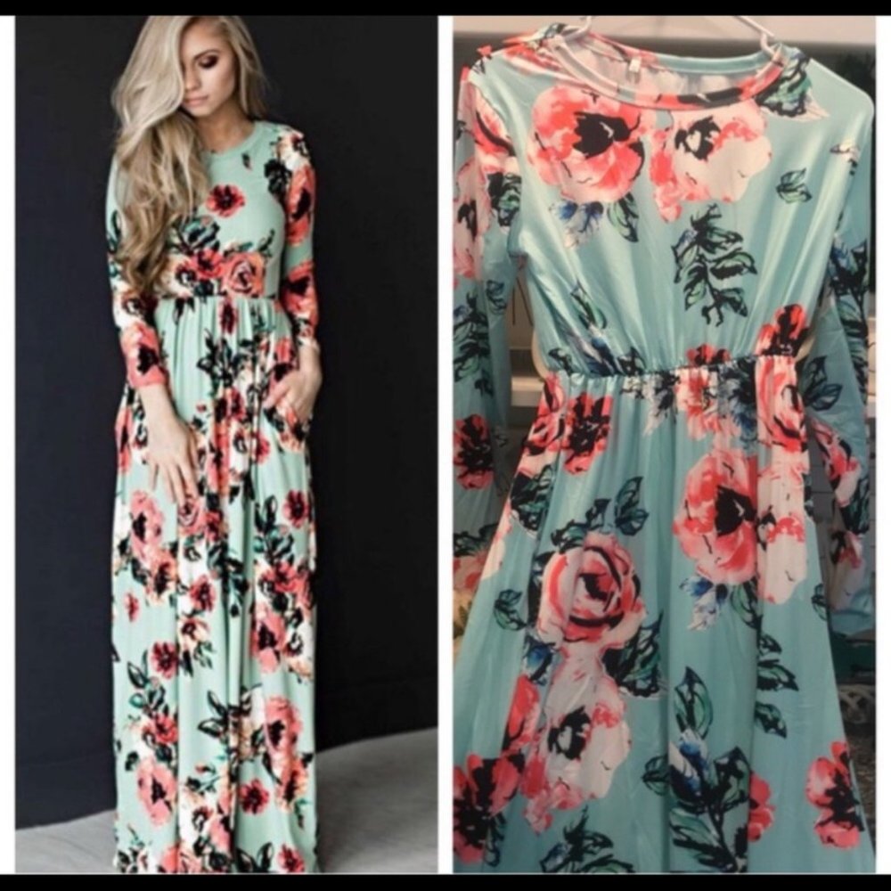 beautiful teal pink floral stretchy maxy dress large L LONG SLEEVE